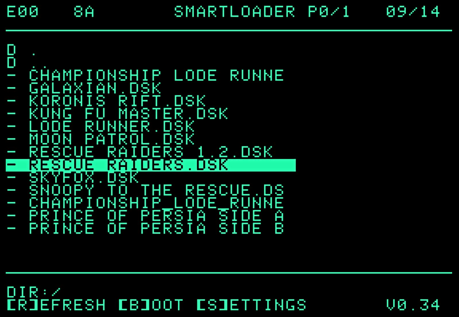 SmartLoader listing disk images from the SD card on an Apple II