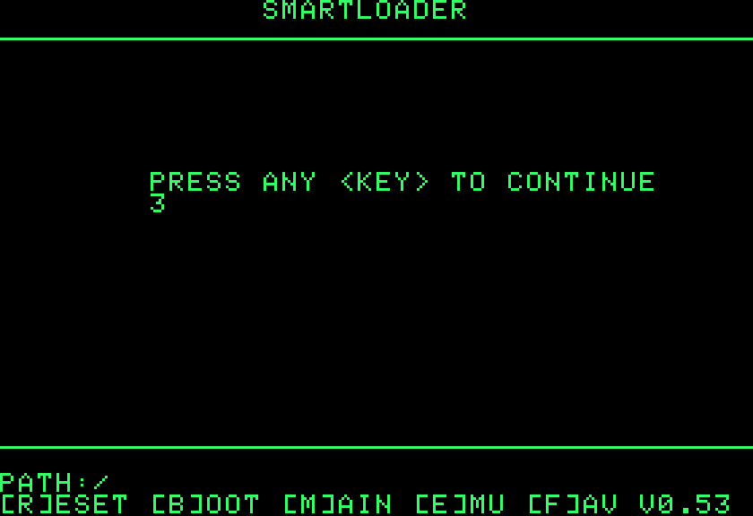 The Smartloader countdown: 3, 2, 1, with PRESS ANY KEY TO CONTINUE