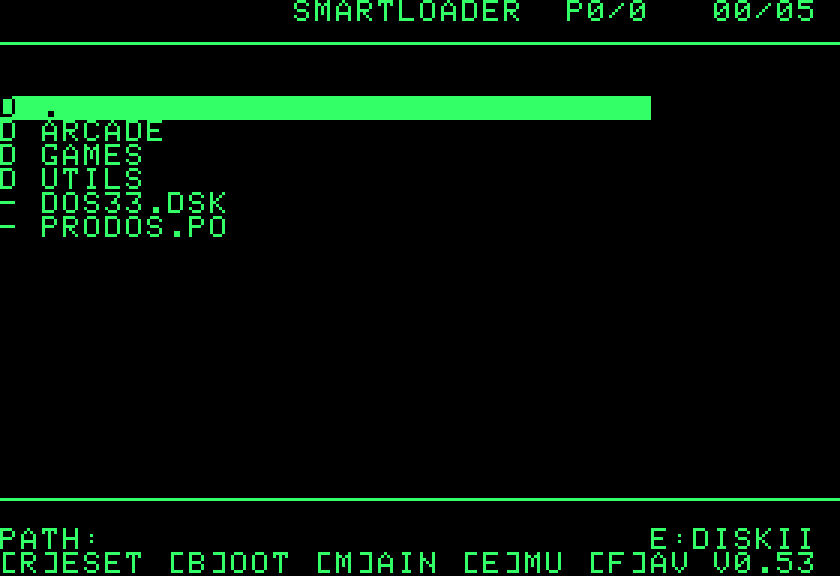 The Smartloader file list: folders first, then the images; the selected line is in inverse