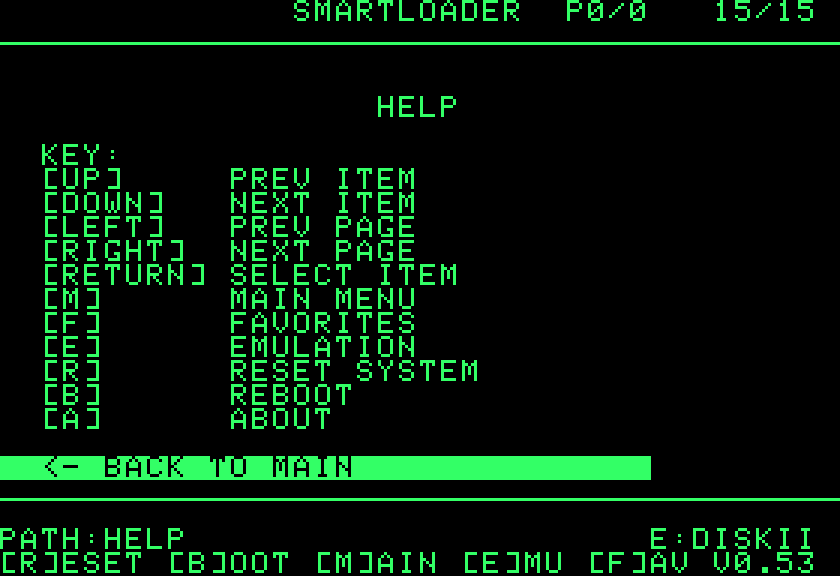 The Smartloader help screen, a list of the keys