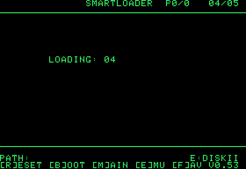 The Smartloader screen while the board mounts the chosen image: LOADING and the number of the item