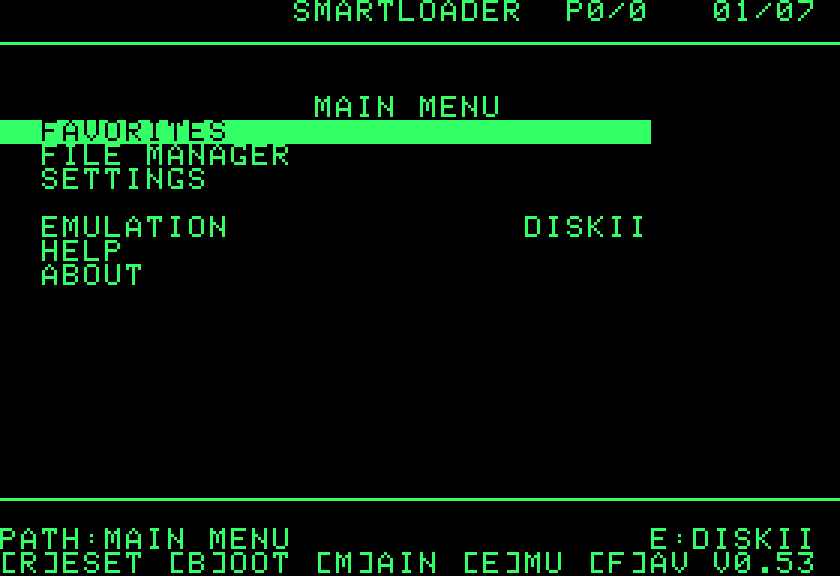 The Smartloader main menu: Favorites, File manager, Settings, Emulation, Help, About