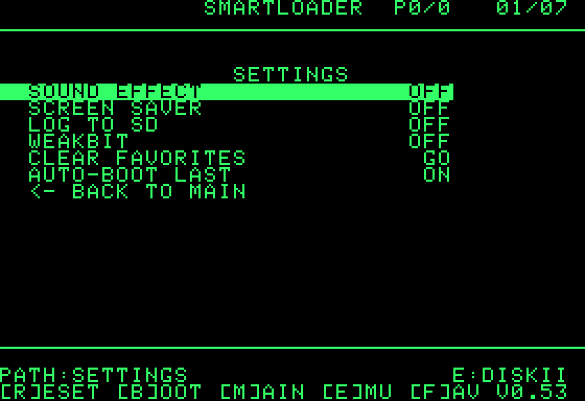 The Settings page on the Apple II for the Disk II emulation