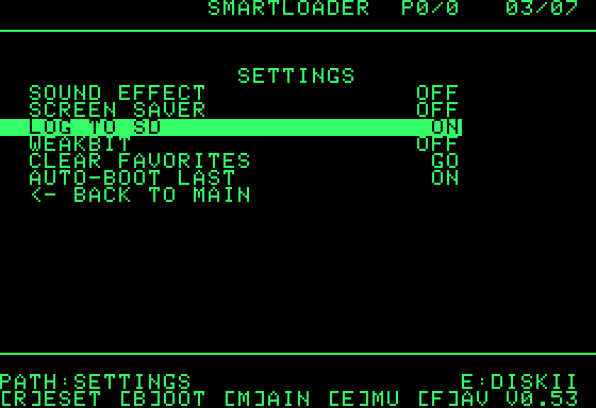 The Settings page after LOG TO SD was switched on: the row shows ON and the cursor stays on it