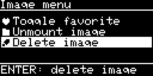 Image menu, Delete image asked: ENTER: delete image in the footer