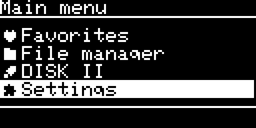 Main menu, UP pressed once from the top: the list is circular