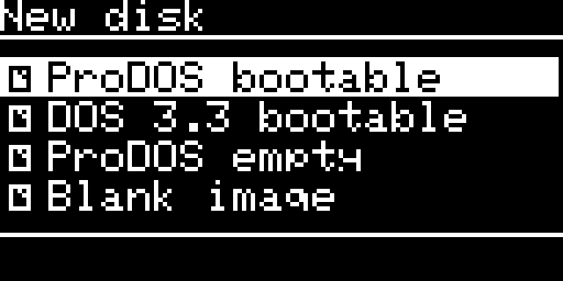 The New disk screen on the Disk II: four contents