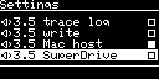 Settings, 3.5 inch drive, Macintosh host on, 3.5 SuperDrive selected