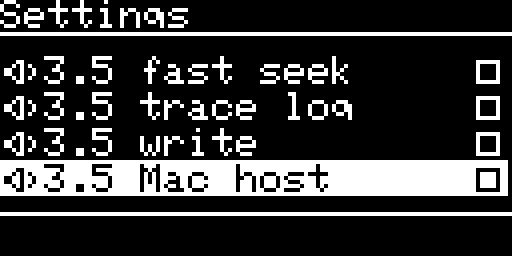 Settings, 3.5 inch drive, 3.5 fast seek, trace log, write and Mac host