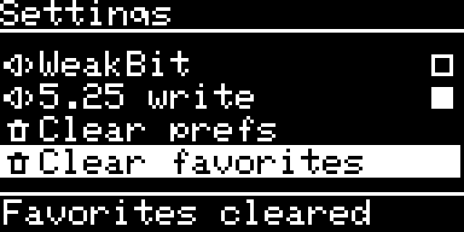 Settings, Clear favorites done: Favorites cleared in the footer