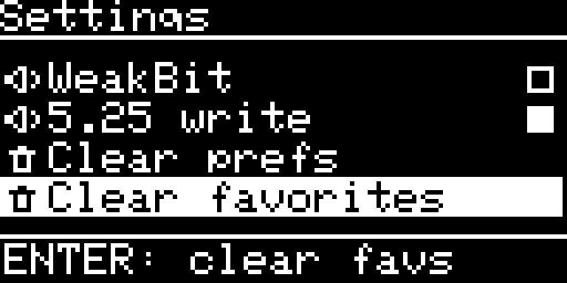 Settings, Clear favorites asked: ENTER: clear favs in the footer