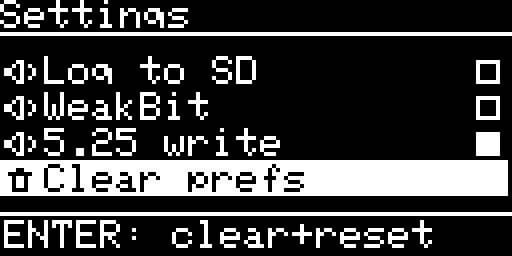 Settings, Clear prefs asked: ENTER: clear+reset in the footer