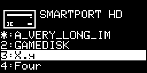 SmartPort screen, four partitions, long names cut, partition 3 selected