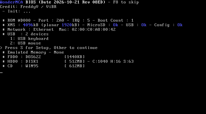 The banner once the start-up ended: "Emulated Memory - None", then FDD0 : DOS622 [1440KB], HDD0 : DISK1 [512MB] - C:1040 H:16 S:63, CD : WIN95 [612MB]