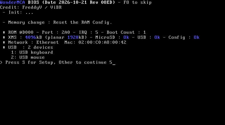 The boot banner at the first start after a change of the memory configuration, with the line "Memory change : Reset the RAM Config."