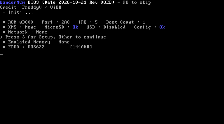 The banner of a card with no extended memory, USB off and no network: "XMS : None - MicroSD : Ok - USB : Disabled", "Network : None"