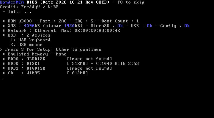 The boot banner with two images that cannot be mounted: FDD0 and HDD1 show "Image not found" in place of the size