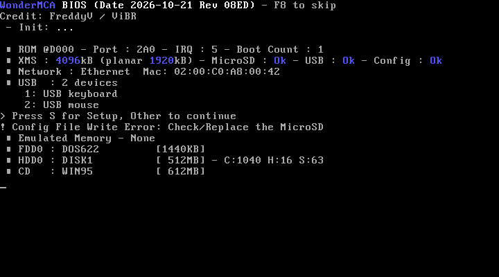 The boot banner with the line "! Config File Write Error: Check/Replace the MicroSD"