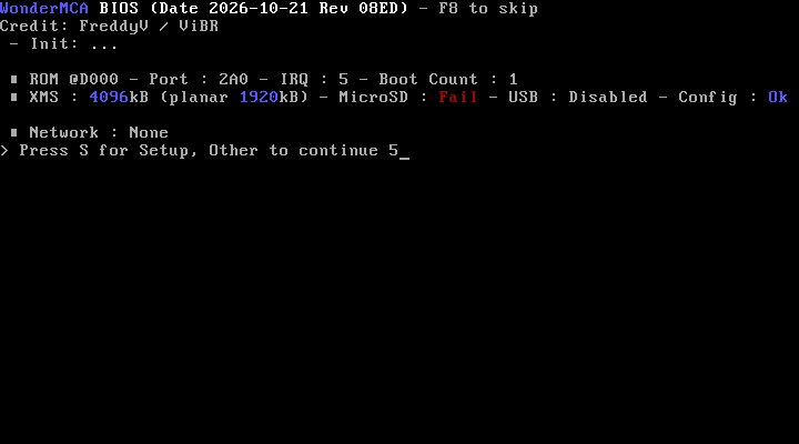 The boot banner with the microSD card missing: "MicroSD : Fail"