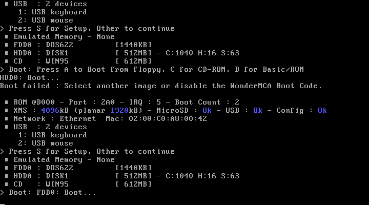 After a failed boot: "Boot failed : Select another image or disable the WonderMCA Boot Code.", the banner again with Boot Count : 2, then "FDD0: Boot..."