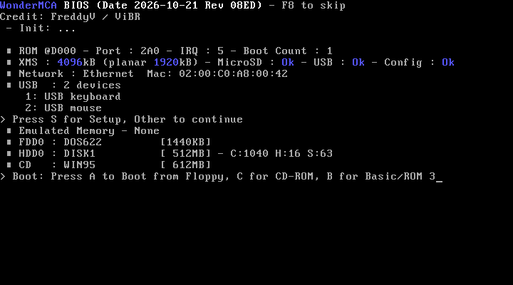 The boot prompt: "> Boot: Press A to Boot from Floppy, C for CD-ROM, B for Basic/ROM 3"