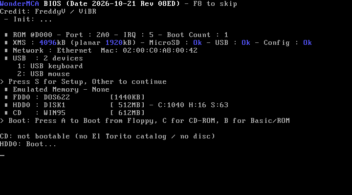 C pressed with no bootable disc: "CD: not bootable (no El Torito catalog / no disc)", then "HDD0: Boot..."