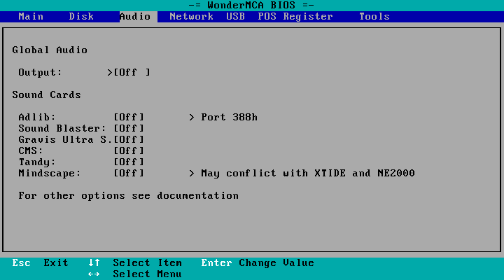 The Audio page with everything Off: Output, Adlib with "> Port 388h", Sound Blaster, Gravis Ultra S., CMS, Tandy, Mindscape with "> May conflict with XTIDE and NE2000"