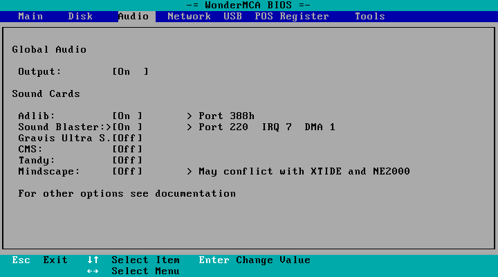 The Audio page with Output, Adlib and Sound Blaster On: the Sound Blaster row shows "> Port 220 IRQ 7 DMA 1"
