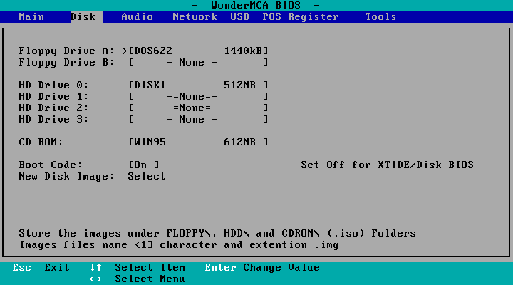 The Disk page: Floppy Drive A: DOS622 1440kB, Floppy Drive B: -=None=-, HD Drive 0: DISK1 512MB, HD Drive 1 to 3: -=None=-, CD-ROM: WIN95 612MB, Boot Code: On, New Disk Image: Select