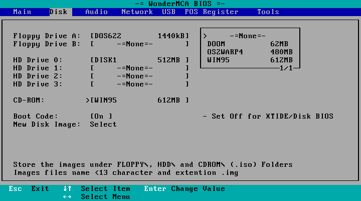 The CD-ROM list: -=None=-, then the .iso images of the CDROM folder with their size in MB