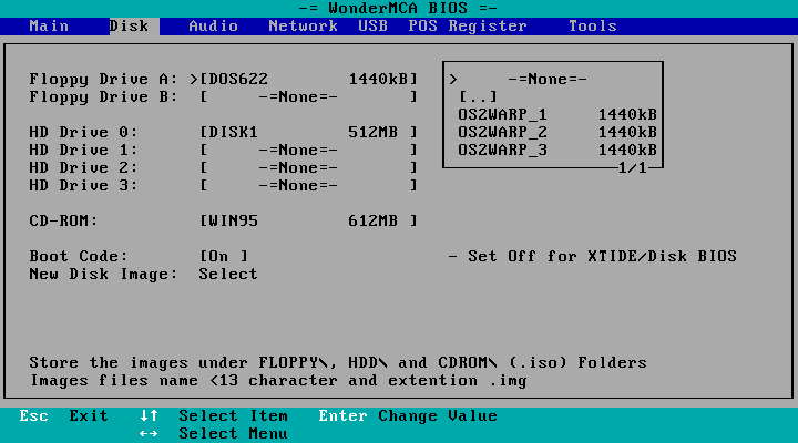 The floppy list of the setup menu inside the folder OS2 of the microSD card: [..] then the images of the folder