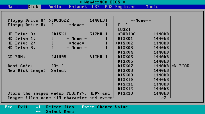 A floppy list of two pages, page 1/2, with DISK01 to DISK13 in number order