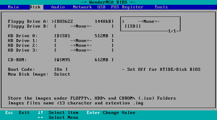 The floppy list of the setup menu, first view: the entry -=None=- and the volume [SD]