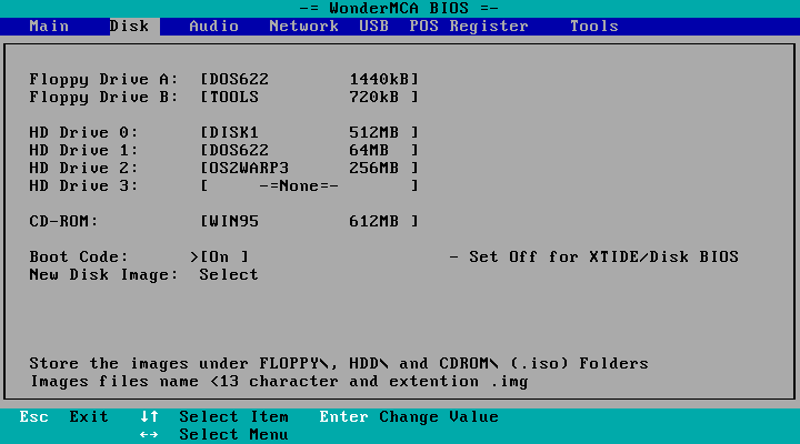 The Disk page with every drive in use: two floppies, three hard disks and a CD, cursor on Boot Code