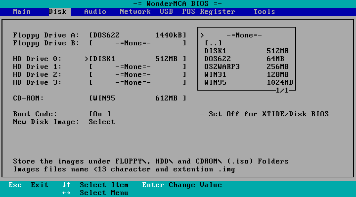 The hard disk list: -=None=-, [..], then the images with their size in MB