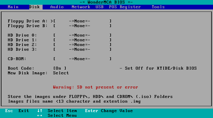 The Disk page of the setup menu with the warning "SD not present or error"
