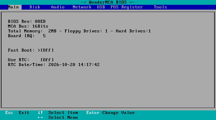 The Main page: BIOS Rev 08ED, MCA Bus 16Bits, "Total Memory: 2MB - Floppy Drives: 1 - Hard Drives:1", Board IRQ 5, Fast Boot Off, Use RTC Off, RTC Date/Time