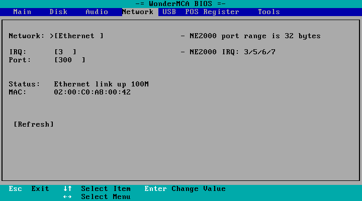 The Network page with Ethernet: IRQ 3, Port 300, "Status: Ethernet link up 100M", the MAC address, and the [Refresh] button
