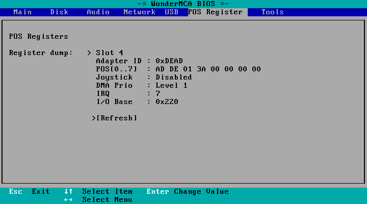 The POS Register page of the setup menu: Slot 4, Adapter ID 0xDEAD, the eight POS bytes, Joystick Disabled, DMA Prio Level 1, IRQ 7, I/O Base 0x220