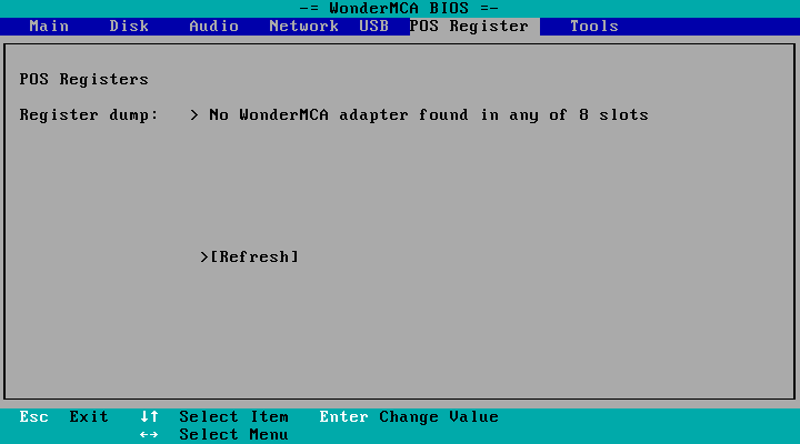 The POS Register page when the card is not configured: "No WonderMCA adapter found in any of 8 slots"