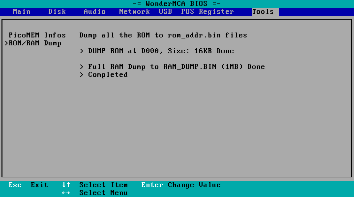 ROM/RAM Dump finished: "DUMP ROM at D000, Size: 16KB Done", "Full RAM Dump to RAM_DUMP.BIN (1MB) Done", "Completed"
