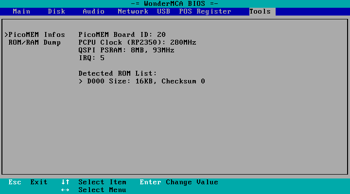 PicoMEM Infos: board ID 20, clock 280MHz, PSRAM 8MB, IRQ 5, Detected ROM List with the card's ROM at D000, 16KB