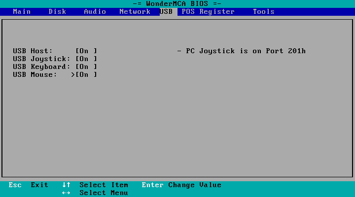 The USB page with USB Host, USB Joystick, USB Keyboard and USB Mouse On, cursor on USB Mouse; the page says "- PC Joystick is on Port 201h"