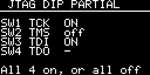 The JTAG DIP PARTIAL screen: SW1 TCK ON, SW2 TMS off, SW3 TDI ON, SW4 TDO -, "All 4 on, or all off"
