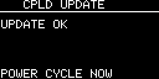 The stop screen: CPLD UPDATE, UPDATE OK, POWER CYCLE NOW