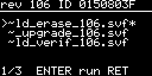 The manual list: ~ld_erase_106.svf with a star, ~_upgrade_106.svf, ~ld_verif_106.svf, cursor on the first, "1/3 ENTER run RET"