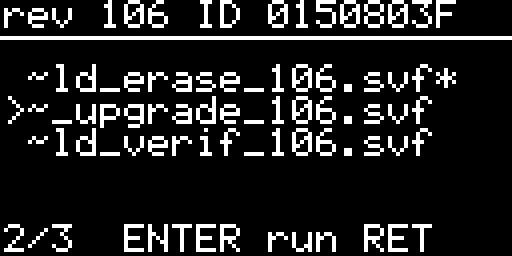 The same list with the cursor on the second file, "2/3 ENTER run RET"
