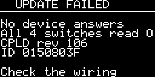 UPDATE FAILED with No device answers, All 4 switches read ON, Check the wiring