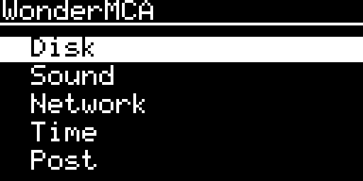 The main menu of the screenpad: Disk, Sound, Network, Time, Post, Others