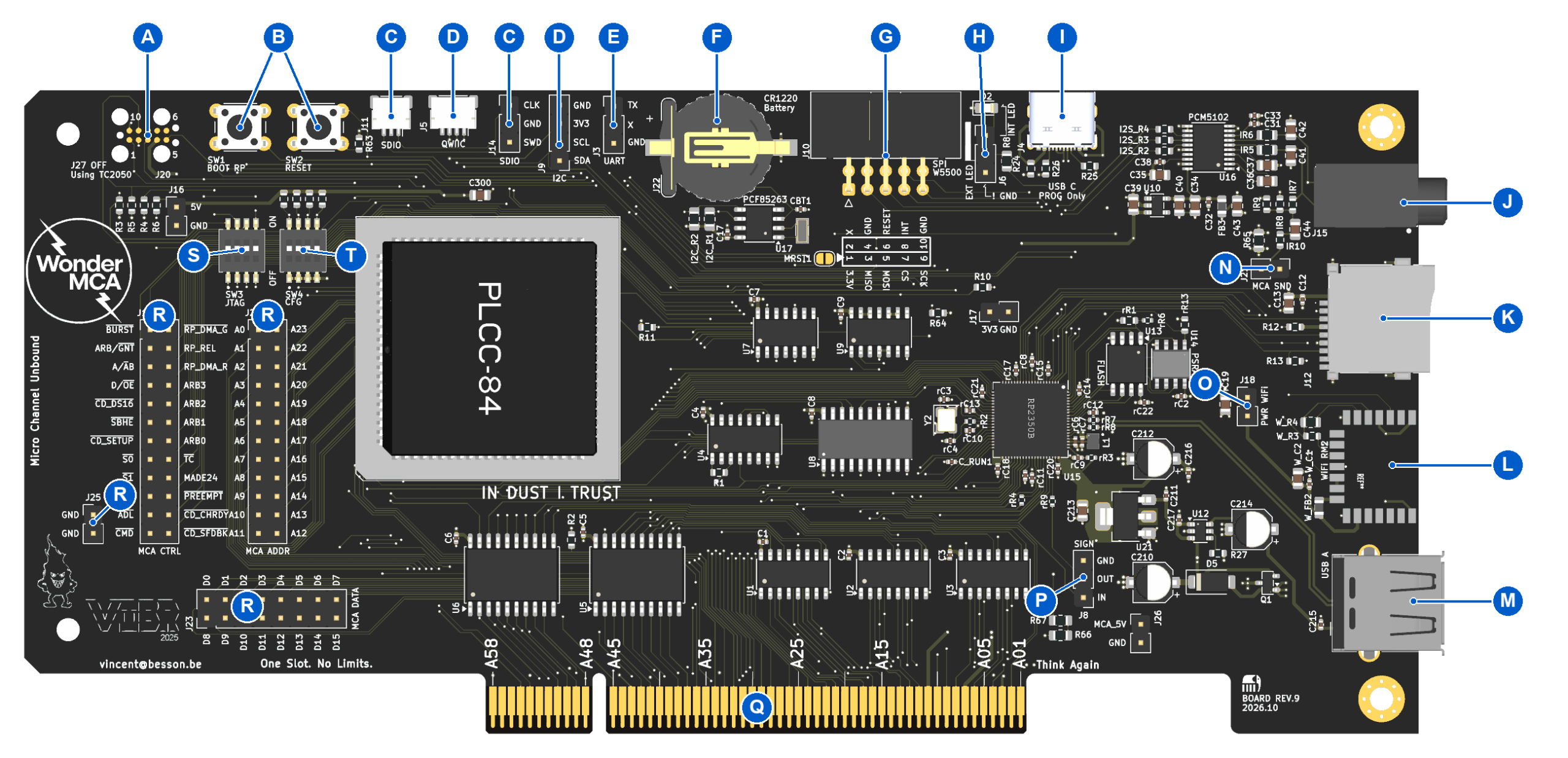 The WonderMCA board, revision 9, with reference letters